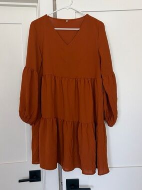 Rust Tiered V-Neck Balloon Sleeve Dress